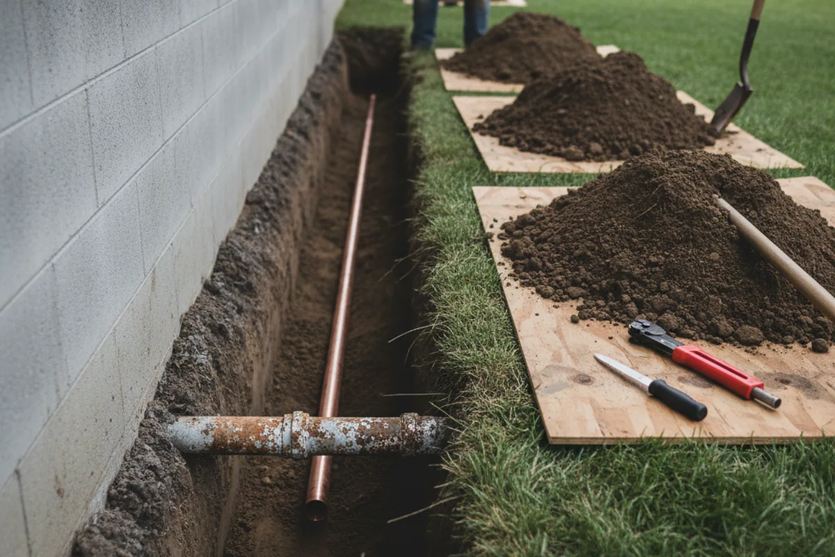 Excavated water line trench during Sewer Line Repair in Sebastian